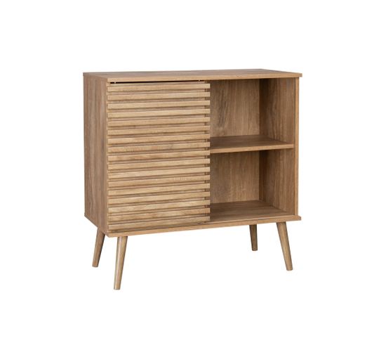 Buffet Scandinave Décor Bois Avec 1 Porte Coulissante Rainurée Et 2 Étagères 80cm