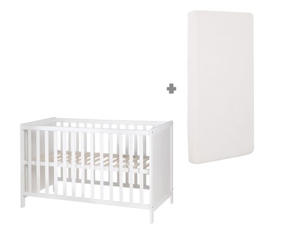 Lit Bébé 2en1 Indépendant et Cododo 60x120 + Matelas - Hauteur Réglable - Bois Laqué Blanc