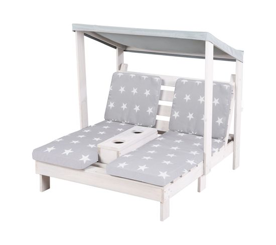 Double Chaise Longue Pour Enfants En Bois Massif Avec 4 Coussins Et Pare Soleil - Gris