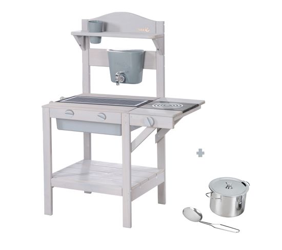 Cuisine De Jeu Enfant Avec Accessoires - En Bois Massif Pour Extérieur Et Intérieur - Gris