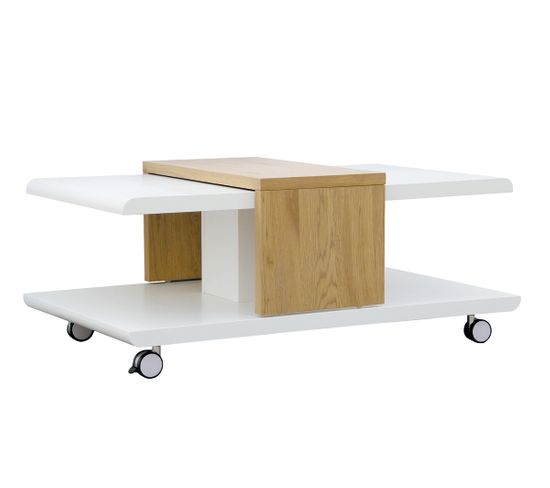 Table Basse JOLIET Sur Roulettes Décors Blanc et Chêne