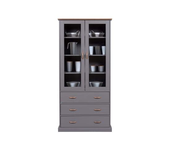 Vaisselier Vitrine LUZERNA FSC 2 Portes 3 Tiroirs Bois Massif Gris/sépia