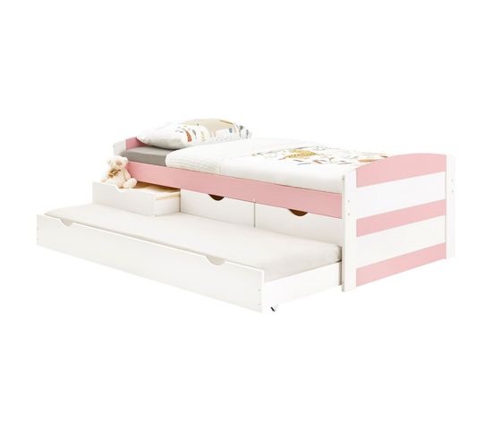 Lit Gigogne Avec Rangements Jessy, 90 X 190 Cm En Pin Massif Lasuré Blanc Et Rose