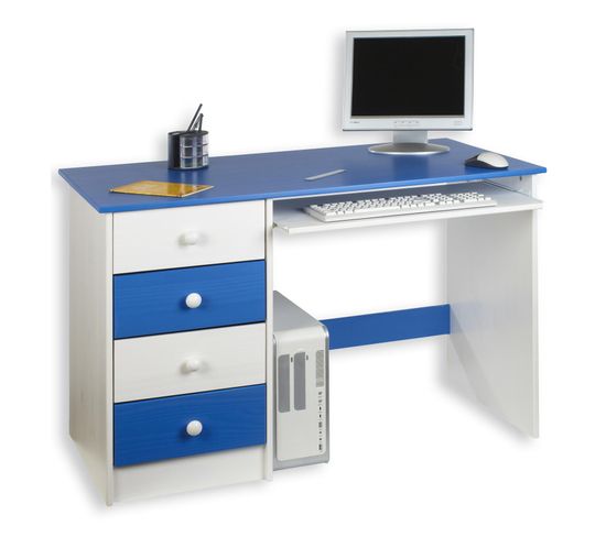 Bureau Enfant Malte, 4 Tiroirs, Lasuré Blanc/bleu