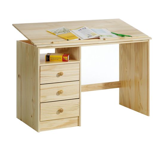 Bureau Enfant Kevin, En Pin Massif, 3 Tiroirs Et Plateau Inclinable, Vernis Naturel