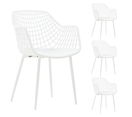 Lot De 4 Chaises Lucia, En Plastique Blanc Et Métal Blanc