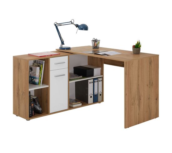 Bureau D'angle Carmen Avec Meuble De Rangement, Décor Chêne Sauvage Et Blanc Mat