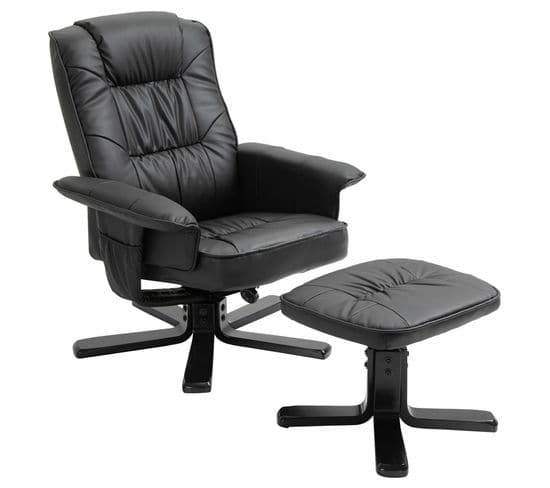 Fauteuil De Relaxation Avec Repose-pieds Charly, En Synthétique Noir Et Pieds Laqué Noir