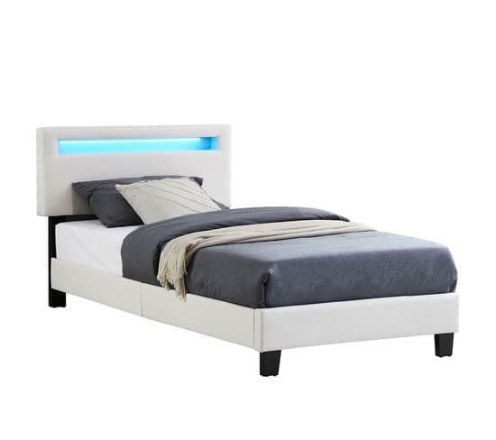 Lit LED Simple Austin 90x190 Cm, Avec Sommier, Revêtement En Tissu Blanc