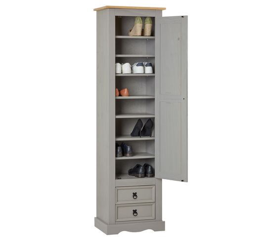 Armoire Tequila Avec 1 Porte Et 2 Tiroirs, En Pin Massif Lasuré Gris Et Brun