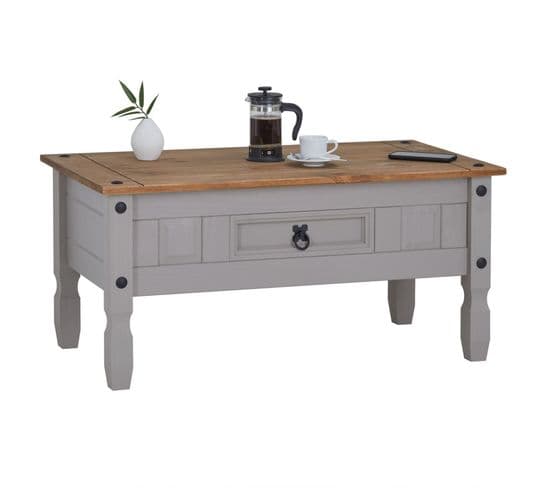 Table Basse Ramon Avec 1 Tiroir, Style Mexicain En Pin Massif Gris Et Brun