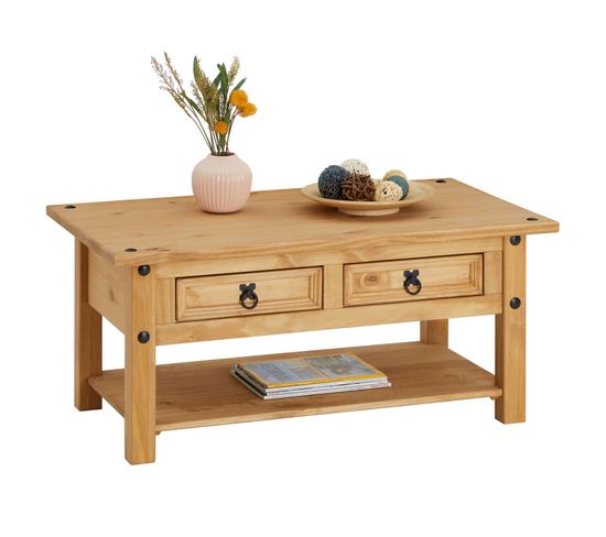 Table Basse En Pin Salsa Style Mexicain, Avec 2 Tiroirs