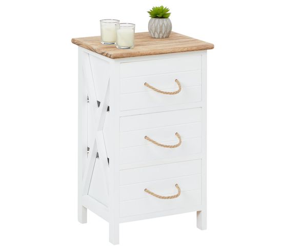 Table De Chevet Perugia Avec 3 Tiroirs, En Bois Blanc