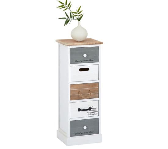 Chiffonnier Salva Avec 5 Tiroirs, En Bois Blanc Brun Et Gris