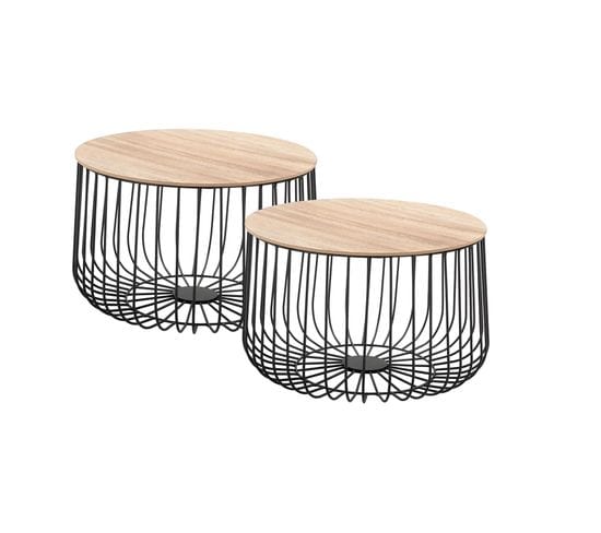 Lot De 2 Tables D'appoint Padova, En Métal Noir Et Décor Bois Naturel