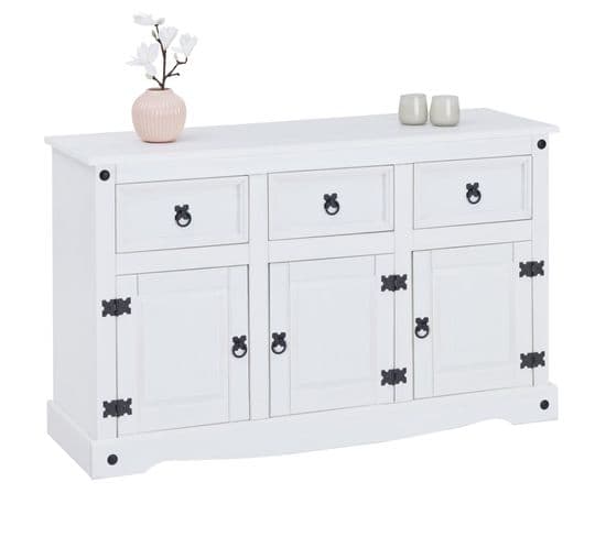 Buffet Rural Avec 3 Tiroirs Et 3 Portes, Style Mexicain En Pin Massif Blanc