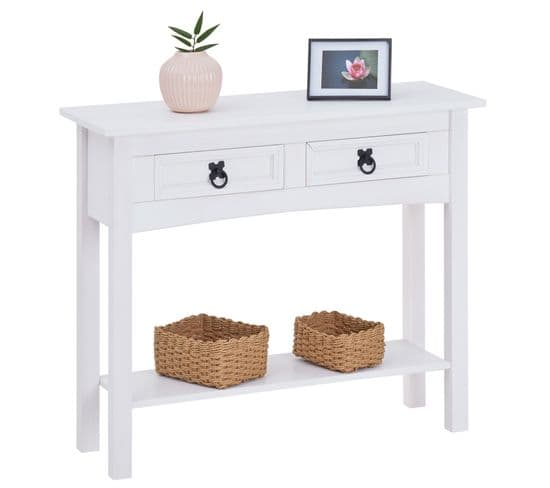 Table Console Rural Avec 2 Tiroirs, Style Mexicain En Pin Massif Blanc