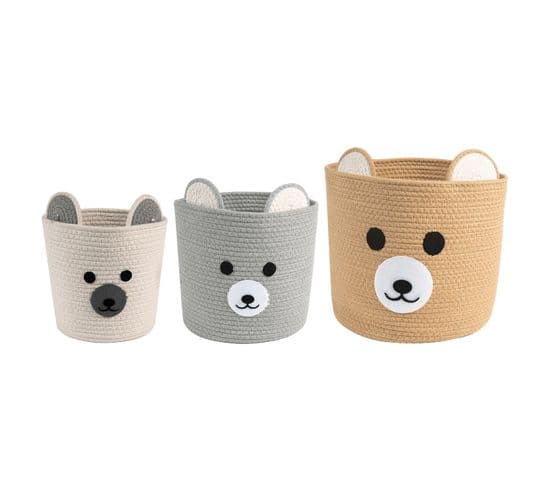 Lot De 3 Paniers Ronds Tanka En Forme D'ours, En Coton Blanc, Gris Et Brun