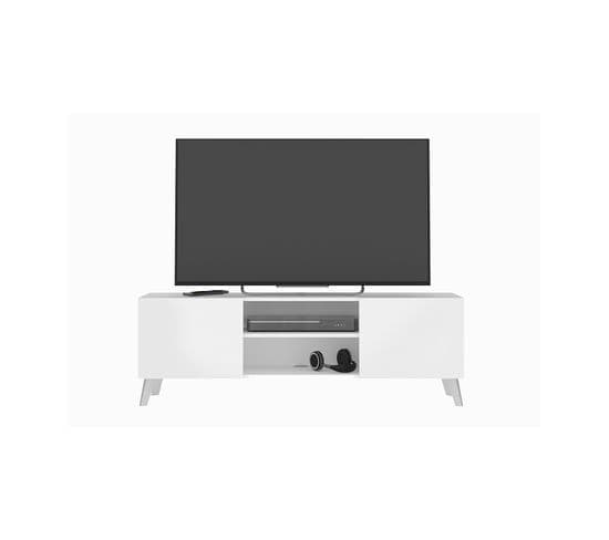 Meuble TV 2 Portes Blanc- L140 Cm X L34,5 Cm X H46,5 Cm