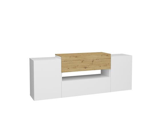 Meuble TV 2 Portes 2 Tiroirs Blanc Brillant Et Chêne Artisan - L182 Cm