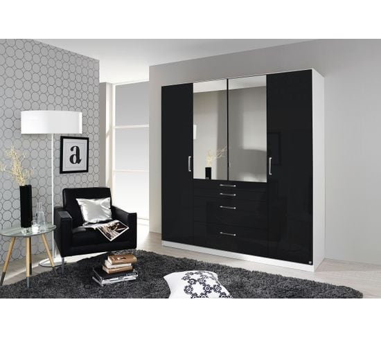 Armoire 4 portes 4 tiroirs L.181 cm PERLA blanc et gris brillant