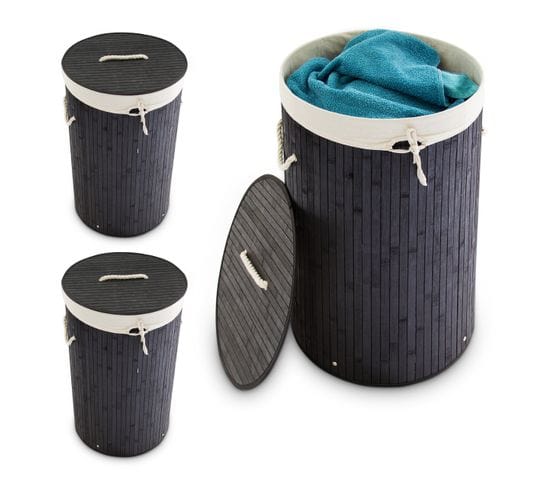 3x Panier À Linge Bambou Rond Noir