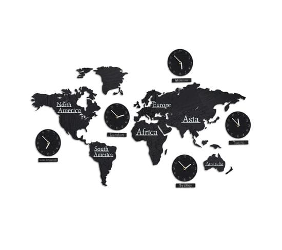 Carte Monde En Bois Avec 5 Horloges