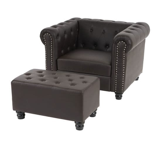 Fauteuil De Luxe Lounge Chesterfield Avec Pouf Similicuir Pieds Ronds Brun Antique