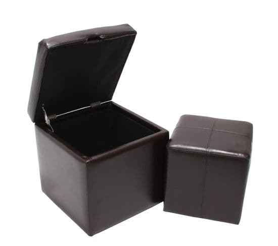 Lot De 2 Tabourets Onex, Pouf + Cube-coffre, Cuir, Marron