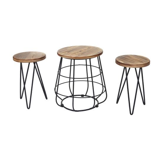 2x Tabouret Avec Table Hwc-a80, Ensemble, Desgin Industriel, Bois Naturel