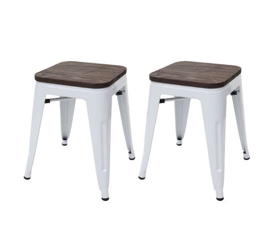 2x Tabouret Hwc-a73, Avec Siège En Bois, Métal, Style Industriel ~ Blanc