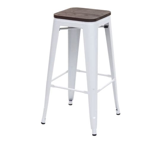 Tabouret De Bar Hwc-a73, Avec Siège En Bois, Métal, Style Industriel ~ Blanc