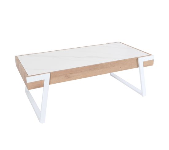 Table Basse Hwc-l89, Table De Salon, Fer 43x120x64cm Sinterstein Imitation Marbre Blanc Bois Naturel