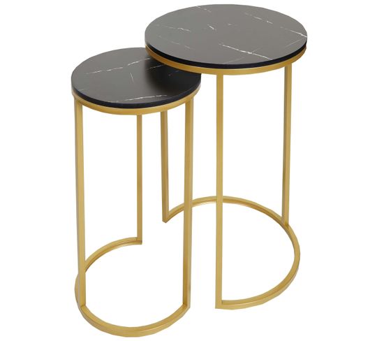 Lot De 2 Tables D'appoint Hwc-k46 Aspect Marbré Mvg-certifié Mdf Noir-or