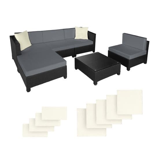 Salon Bas De Jardin Amy 5 Places Rembourrage De 10 De Cm Avec 2 Sets De Housses - Noir