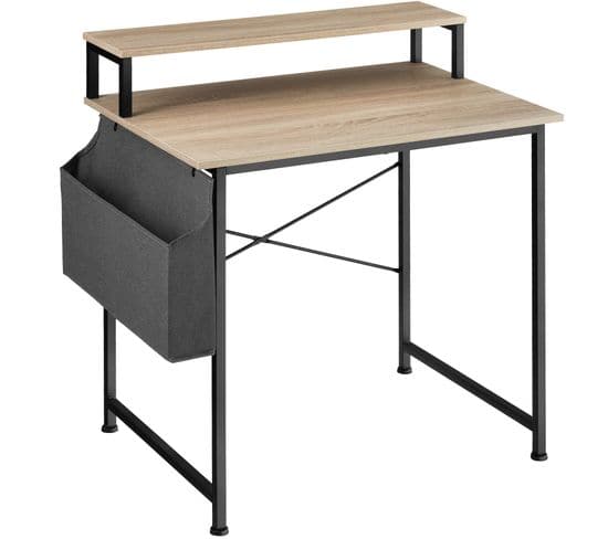 Table De Bureau Avec Étagère De Rangement Et Poche En Tissu - Bois Clair Industriel, Chêne Sonoma