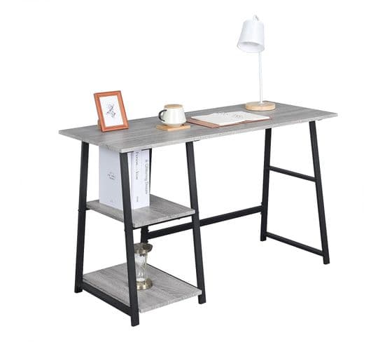 Table De Bureau En Acier+bois Avec 2 Étagères 120x50x73 Cm Gris