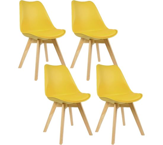 Lot De 4 Chaises De Salle À Manger. Pied En Bois. Assise En Similicuir. Style Nordique. Jaune