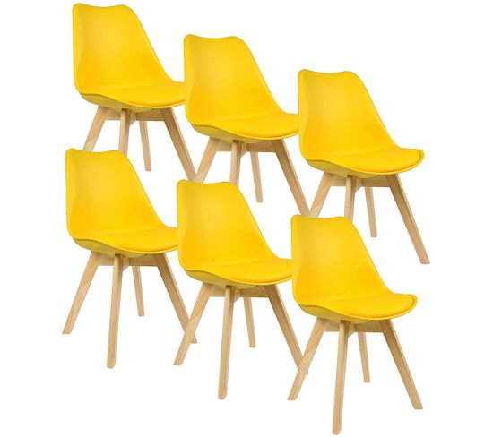 Lot De 6 Chaises De Salle À Manger. Pied En Bois. Assise En Similicuir. Style Nordique. Jaune