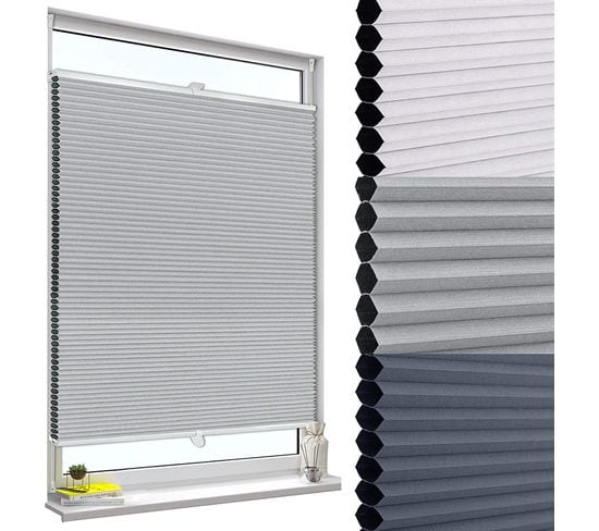 Store Plissé Nid D'abeille.sans Perçage Avec Porte-pince.store Plissé Antisolaire70x130 cmblanc+gris