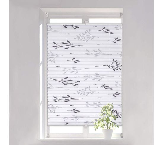 Store Plissé Fixation Sans Perçage.store De Fenêtre Avec Motif De Feuilles.65x130 cm.gris