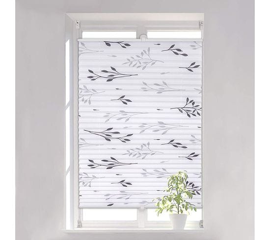 Store Plissé Fixation Sans Perçage.store De Fenêtre Avec Motif De Feuilles.75x130 cm.gris