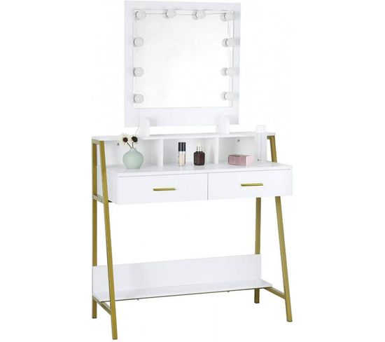 Coiffeuse Table Meuble De Maquillage Avec Miroir Et LED. 2 Tiroirs De Rangement 90x40x135cm.blanc