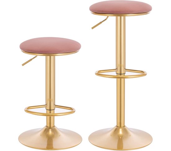 Lot De 2 Tabouret De Bar Avec Repose-pieds -tabouret Rond Haut Métallique Hauteur -rose + Or