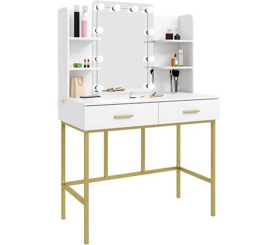 Coiffeuse Table De Maquillage En Bois+Métal Avec Miroir+Led.Bois Et Métal.90x45x136cm.Blanc et Or