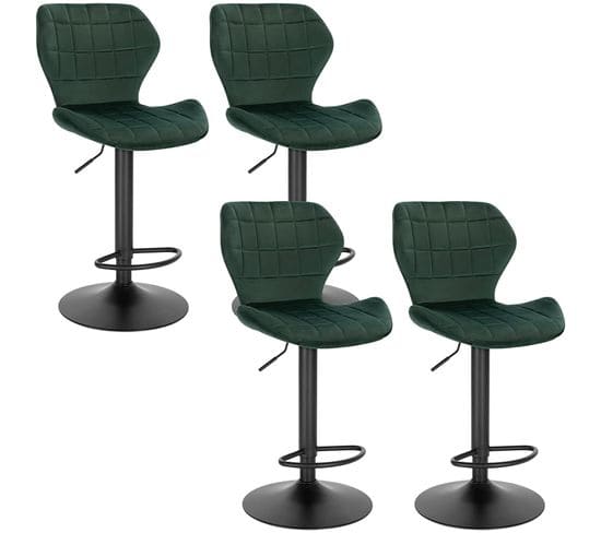 Lot De 4 Tabouret De Bar En Velours- En Hauteur-pivotant À 360°avec Dossier Repose-pieds-vert Foncé