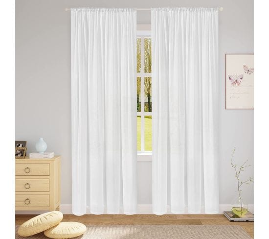 2 Pièces Rideau Voilage En Polyester Avec Ruban Fronceur.semi-transparent.blanc 135x175cm(lxh)