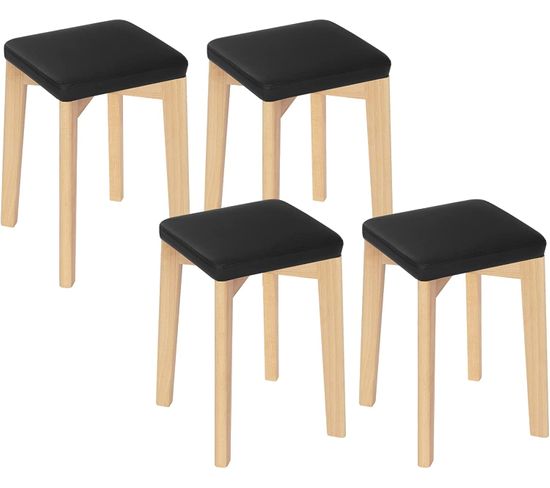 Lot De 4 Tabouret En Bois Massif-chaise De Cuisine-siège D’éponge Et Pu-32.5x32.5x47cm-noir