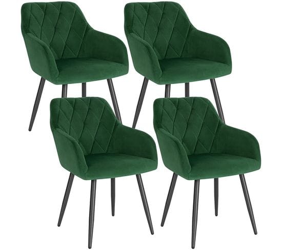 4x Chaise Salle À Manger-chaise De Cuisine En Velours-assis Rembourré Et Pieds En Métal-vert Foncé