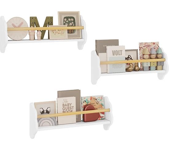 Lot De 3 Bibliothèque Pour Enfant En Pin+mdf.étagère Murale Avec 3 Tablettes.blanc